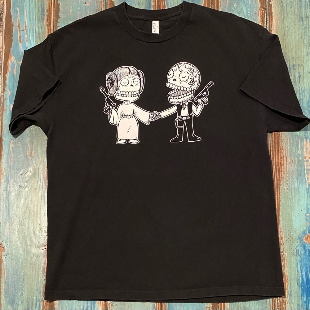 Princess Leia Han Solo Day Of The Dead T Shirt Skulls Star Wars Black Sz XL